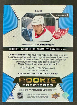 2023-24 Trilogy Marco Kasper Rookie Premieres Auto Level 1 /249 back